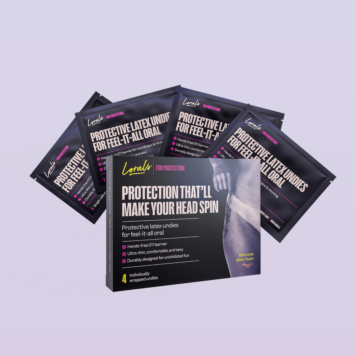 Box and four single-use pouches of Lorals for Protection STI Prevention Undies in Sheer