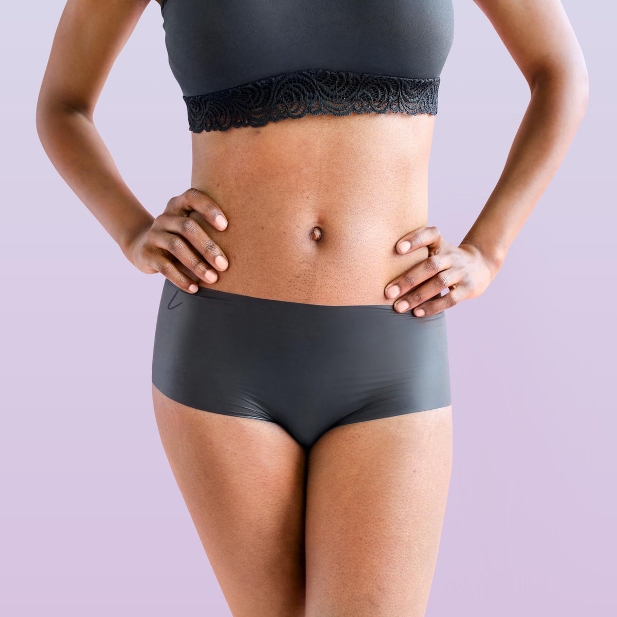 Lorals model Gladys demonstrates the front view of Protection Undies in Black Shorties